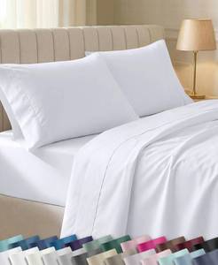 lot 8464 image: California Design Den Soft 100% Cotton Sateen Queen Bed Sheets Set, White