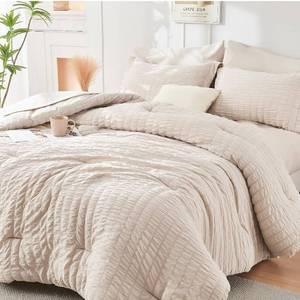 lot 8470 image: Queen Comforter Set - 7PCS Bed in a Bag, Seersucker Bedding Set, Beige