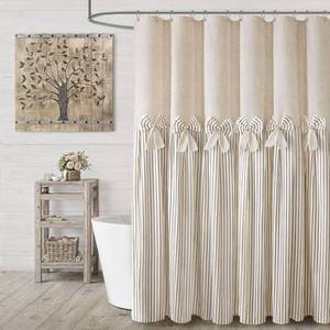 lot 8536 image: Farmhouse Shower Curtain Linen Bow Pleated Beige Stripe 60 x 72
