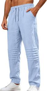 lot 8606 image: Mens Linen Pants, Casual Beach Pants, Elastic Waist, Drawstring, Pockets Large