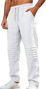 lot 8607 image: Mens Linen Pants, Casual Beach Pants, Elastic Waist, Drawstring, Pockets XL