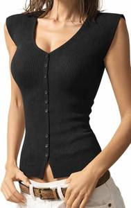 lot 8609 image: Womens Sleeveless Ribbed Knit Tank Top, Button Front V-Neck Small