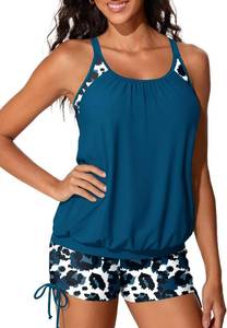 lot 8685 image: Summer Mae Blouson Tankini Swimsuits Modest Tummy Control Blue Leopard 10
