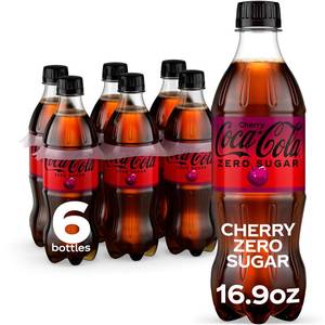 lot 8716 image: Coca-Cola Zero Sugar Cherry Soda Soft Drink Bottles, 16.9 fl oz, 6 Pack