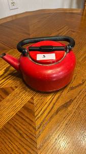 lot 3 image: Red Stovetop Kettle with Black Handle