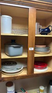 lot 30 image: Kitchen Lot Pot Bakeware Plates Pitcher Wire Rack Container