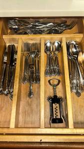 lot 36 image: Flatware Set with Ornate Handles Forks Spoons Knives Corkscrew Wood Drawer Insert