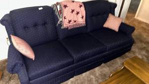 lot 43 image: Navy Blue Three-Cushion Sofa with Rolled Arms Hideaway sofa