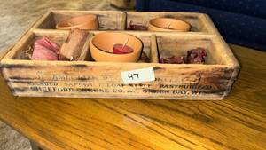 lot 47 image: Wooden Box with Candles and Dried Botanicals Shefford Cheese Co