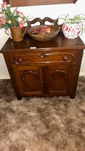 lot 49 image: Wood Cabinet with Drawer and Two Doors and items on top