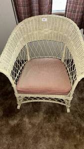 lot 51 image: Woven Barrel Chair with Red Gingham Cushion