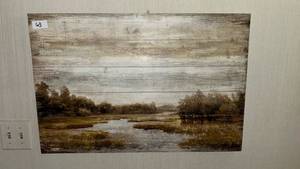 lot 63 image: Wall Art Landscape Scene River Trees Horizontal Wood Plank Print