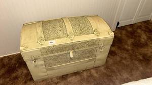 lot 65 image: Steamer Trunk with Damask Pattern and Wood Interior