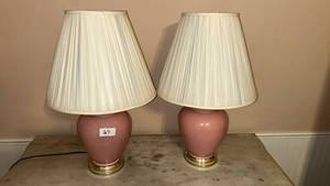 lot 67 image: Pair of Table Lamps with Pink Ceramic Bases and Pleated Shades
