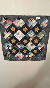 lot 80 image: Patchwork Quilt with Gold Stars and Diamond Pattern Blocks Black Background