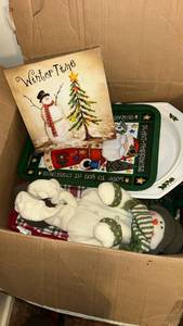 lot 88 image: Winter Holiday Seasonal Decor Lot with Wooden Sign Snowman Figurine Tray