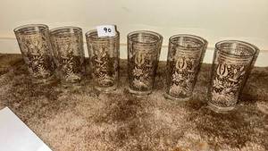lot 90 image: Six Glass Tumblers with Gold Floral and Ornamental Print Design