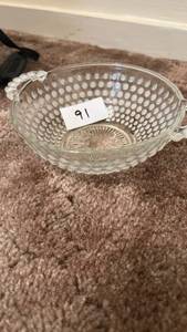 lot 91 image: Glass Bowl with Handles Hobnail Pattern
