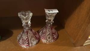 lot 97 image: Pair of Cut Glass candle holder with Red Stain