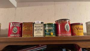 lot 110 image: Lot of 6 Tobacco Tins Union Leader Idolita Blend of the Month Amphora Prince Albert Vogue