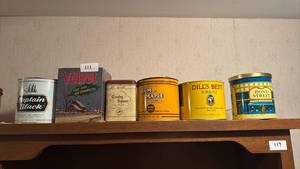 lot 111 image: Lot of 6 Vintage Pipe Tobacco Tins Captain Black Velvet Crosby Rum Maple Dills Bond Street