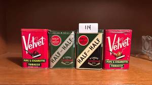 lot 114 image: 4 Tobacco Tins Velvet Burley Bright Half and Half Pipe Cigarette