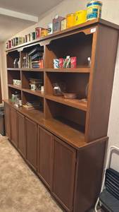 lot 117 image: Wood Cabinet Shelving Unit Open Shelves Lower Storage