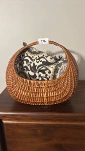 lot 126 image: Woven Basket with Handle and Patterned Fabric Liner