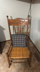 lot 128 image: Wooden Rocking Chair with Carved Back and Woven Seat