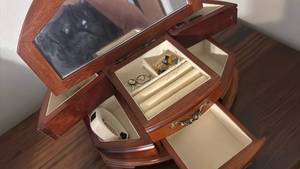 lot 132 image: Curved Wood Jewelry Box with Multiple Drawers