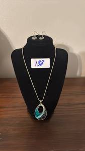lot 138 image: Teardrop Pendant Necklace and Earring Set with Blue Inlay