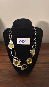 lot 141 image: Statement Necklace with Yellow Stone Links and Metal Chain