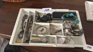 lot 149 image: Jewelry Lot Bracelets Necklaces Earrings Brooches Watches Organizer Box