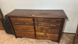 lot 155 image: Wood Dresser 8-Drawer Double Cabinet with Brass Hardware 60 in