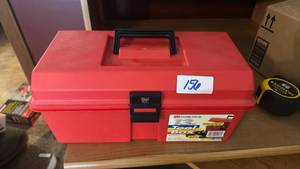 lot 156 image: Akro-Mils Red Plastic Tool Box with Carving Tools and Accessories