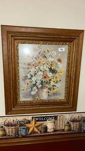 lot 192 image: Framed Floral Still Life Print Yellow White Daisies in Vase