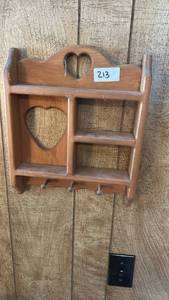 lot 213 image: Wooden Wall Shelf with Heart Cutouts and Pegs