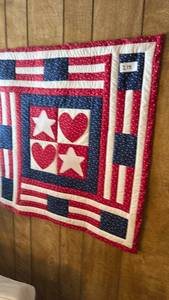 lot 214 image: Patriotic Patchwork Quilt Red White Blue Stars Hearts