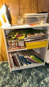 lot 225 image: White Shelving Unit with Books, Storage Containers and Craft Supplies
