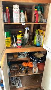 lot 259 image: Garden & Garage Supply Lot �� Shelf Contents with Fertilizer, Sprayers, Tools & More