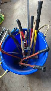 lot 261 image: Hand Tools Lot in Blue Bucket Saws, Axes, Pruners, Clamps