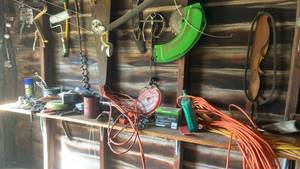 lot 279 image: Workshop Lot Hand Tools Hardware Extension Cords Trimmer Line Saw Blades