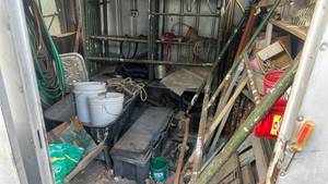 lot 283 image: Shed Contents Lot Garden Hoses Hand Tools Roofing Shingles Hardware Buckets