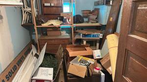 lot 290 image: Storage Room Contents Lot �� Infrared Cabinet Heater Table Saw Dresser Mixed Items