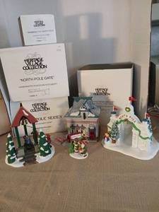 lot 1036 image: Heritage Village Collection   north pole gate, trimming the North Pole, Christmas Bells, and Beard Barber ShopNorth Pole Series