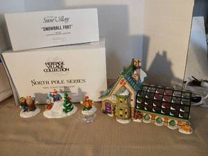 lot 1037 image: Hertogate Collection Mrs Claus Greenhouse and Snow Village Snowball Fort Set of 3 Handpainted Ceramic Accessories