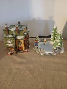 lot 1044 image: Heritage Village Collection North Pole Series Elfies Sleds & Skates Skating Pond Handpainted Porcelain 2-Piece Set