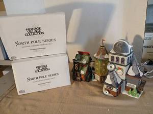 lot 1054 image: Heritage Village Collection North Pole Series Weather and Time Observatory  and Elfin House and Assembly Shop