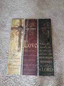 lot 1077 image: 3 Decorative Wood Wall Plaques with Rope  Scripture Phrases 38 x 8