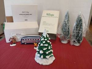 lot 1200 image: Village Lighted Snow Capped Revolving Tree 52603 battery operated ac adapter not included, frosted topiary trees, Reindeer lines